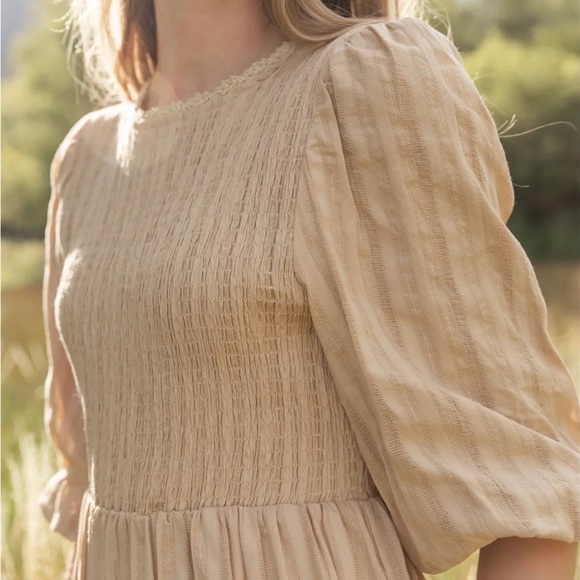 NWT Esme Smocked Modest Midi Dress with Pockets - Tan - Picture 5 of 9